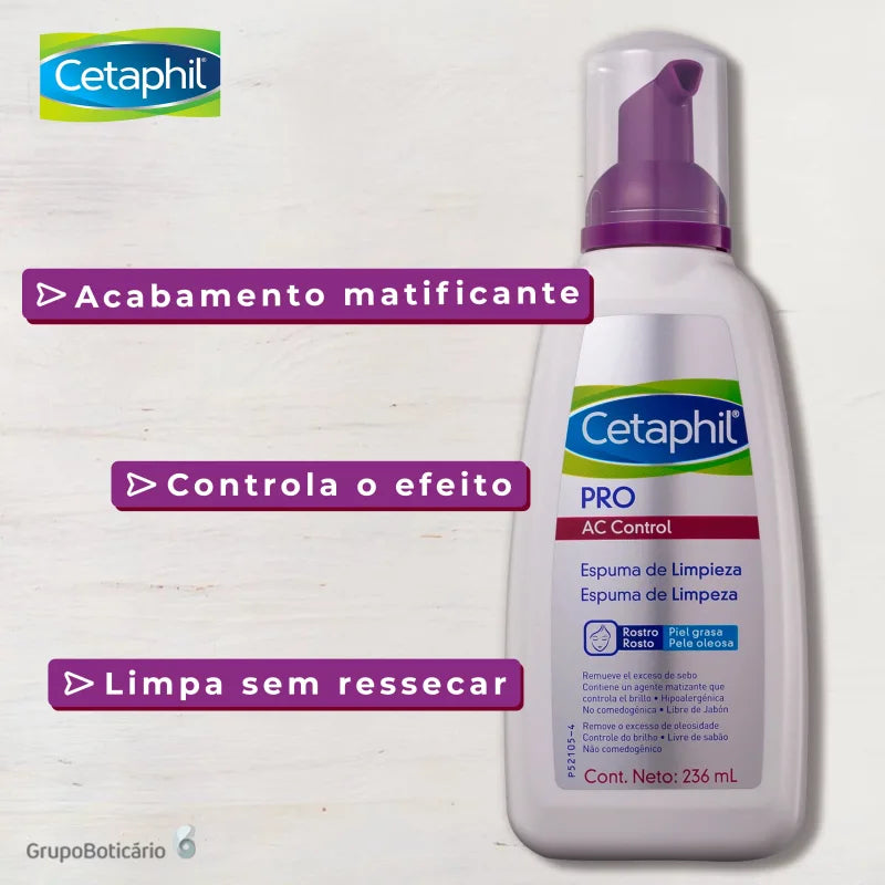 Cetaphil Pro AC Dermocontrol Pele Oleosa – Espuma de Limpeza Facial 236ml